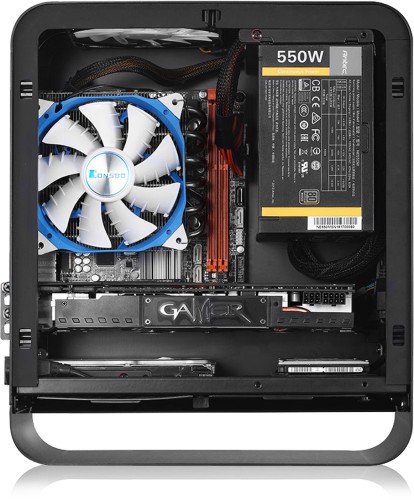 Side view of the UMX1-Plus showing the PSU mounted at the
font of the case and optional graphics card